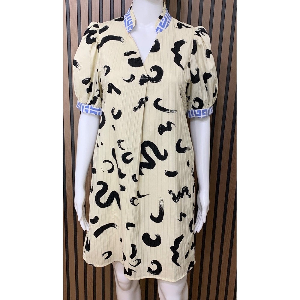THML Abstract Brushstroke Puff Sleeve Shift Dress Cream Blue Greek Key XS
